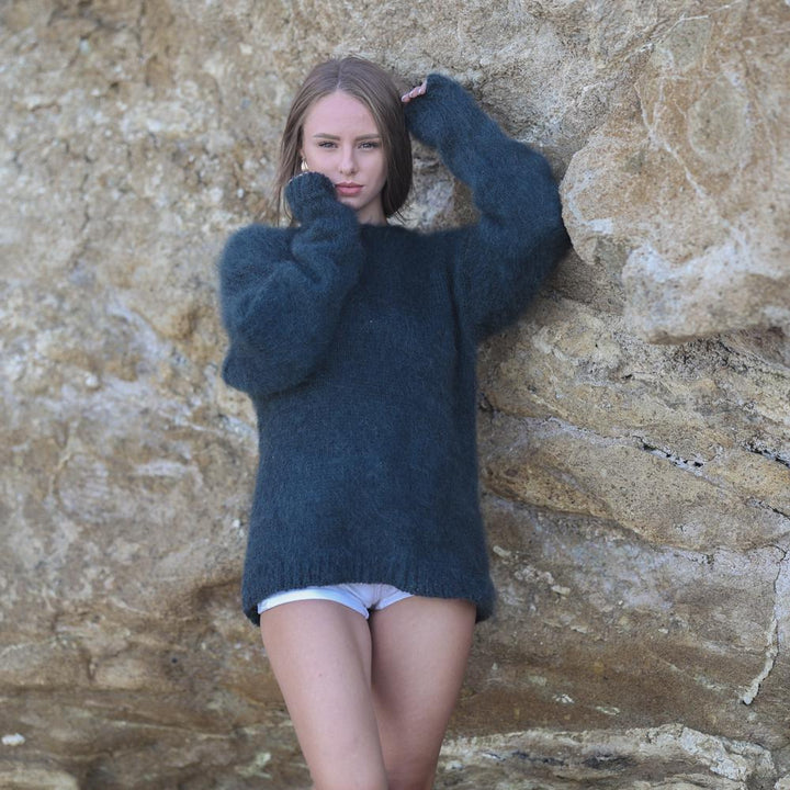 Extra Fluffy Brushed Green Crewneck Sweater, Hand Knitted Mohair Alpaca Blend  T1950