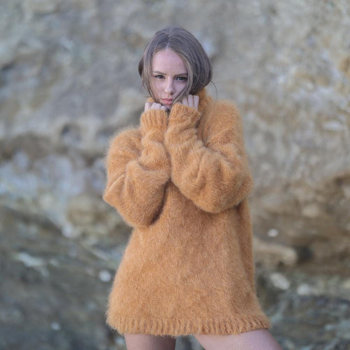 Fluffy Mustard Mohair Alpaca Sweater, Hand Knitted Brushed Soft Oversized Turtleneck Pullover T1951