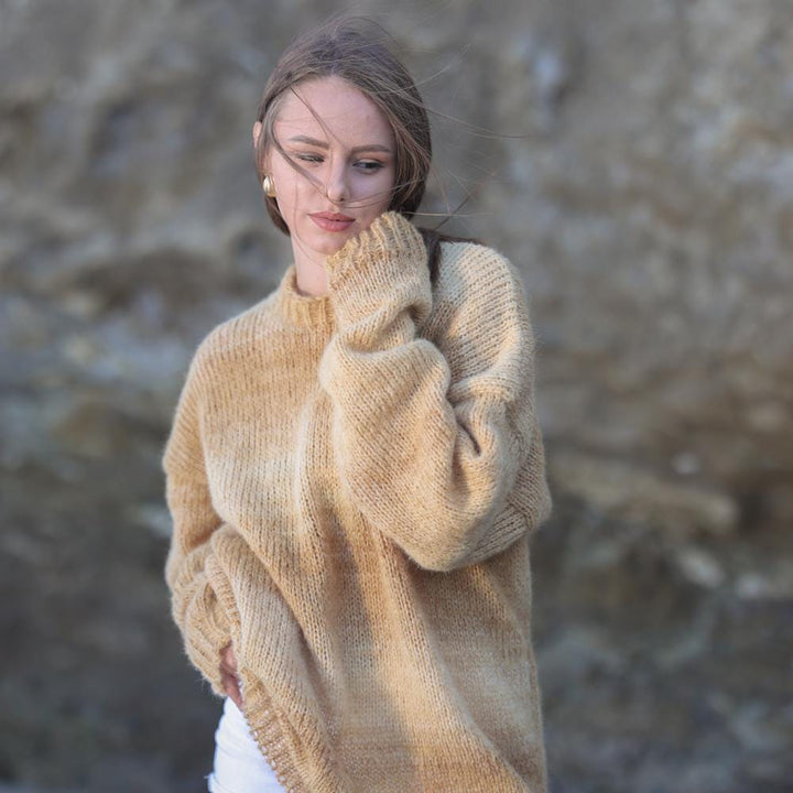 Soft Melange Yellow Mustard Sweater, Hand Knitted Alpaca Mohair Unbrushed Oversized Knit T1952