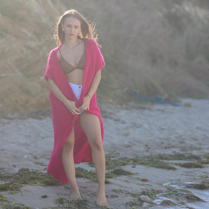 One available in size 6XL, Hot pink sleeveless fluffy maxi cardigan T1953