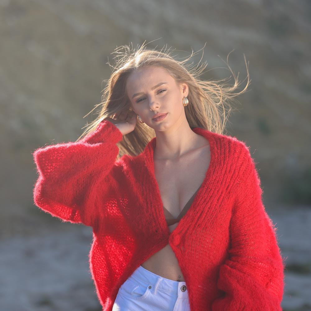 One available in size 9XL, Red balloon sleeve cardigan, fluffy soft  jacket T1955