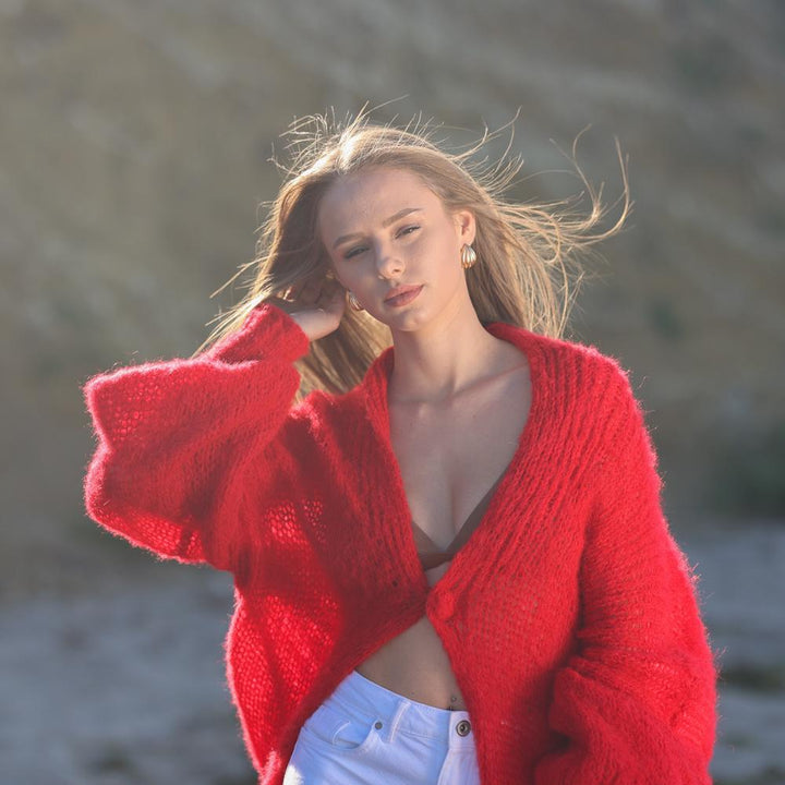 One available in size 9XL, Red balloon sleeve cardigan, fluffy soft  jacket T1955