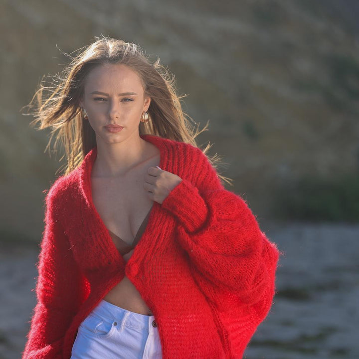One available in size 9XL, Red balloon sleeve cardigan, fluffy soft  jacket T1955