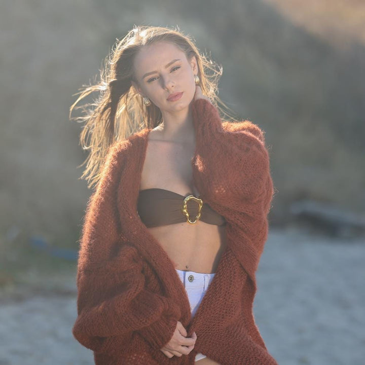 One available in size 7XL, Rusty brown balloon sleeve cardigan in fluffy alpaca T1956