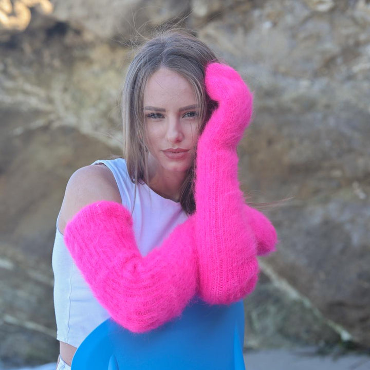Alpaca Wool Mittens – Long Fluffy Hand Knitted Hot Pink Arm Warmers T1961