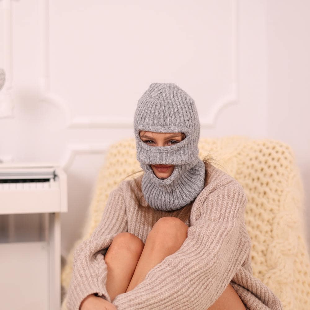 Alpaca Merino Balaclava – Hand Knitted Grey Ribbed Ski Mask T1962