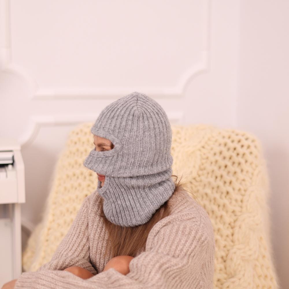 Alpaca Merino Balaclava – Hand Knitted Grey Ribbed Ski Mask T1962