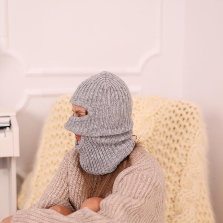 Alpaca Merino Balaclava – Hand Knitted Grey Ribbed Ski Mask T1962