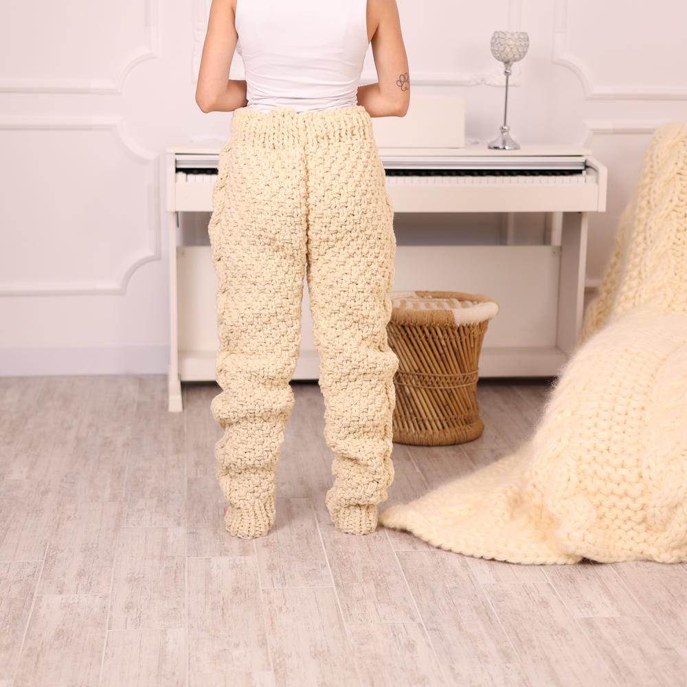 Itchy Wool Pants, Hand Knitted 5 Strands Natural Wool Cable Knit Trousers T1984