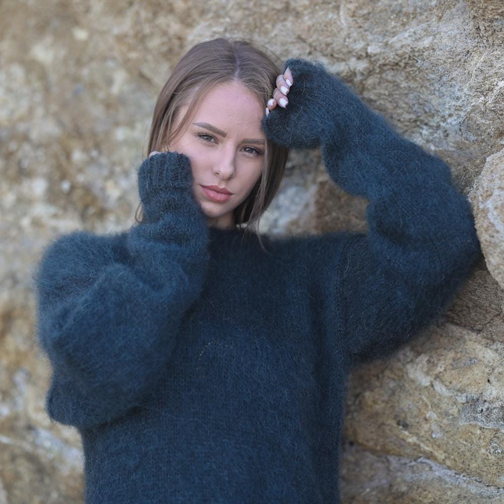 Extra Fluffy Brushed Green Crewneck Sweater, Hand Knitted Mohair Alpaca Blend  T1950