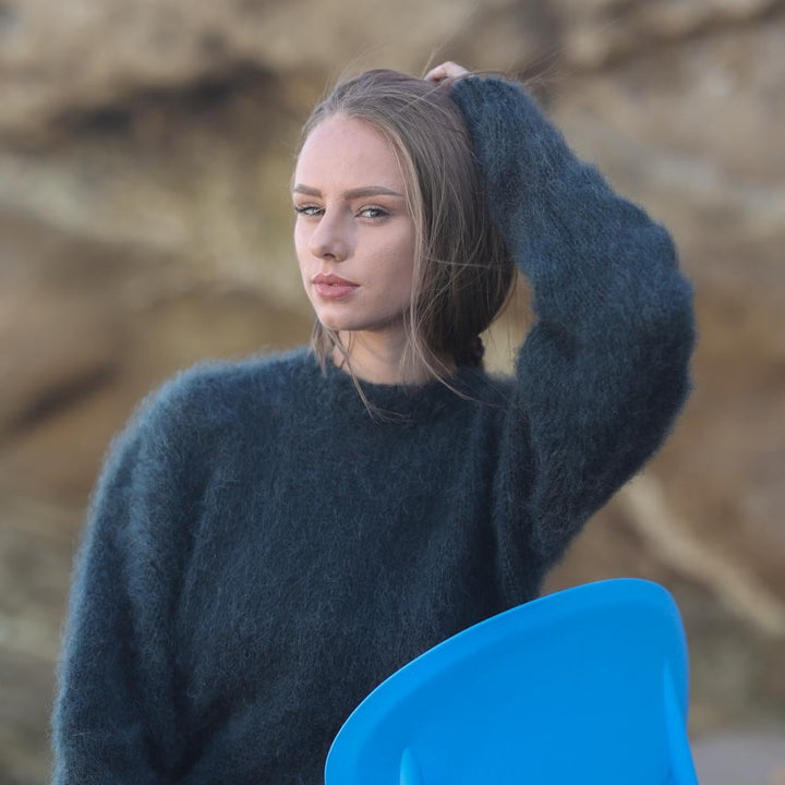 Extra Fluffy Brushed Green Crewneck Sweater, Hand Knitted Mohair Alpaca Blend  T1950