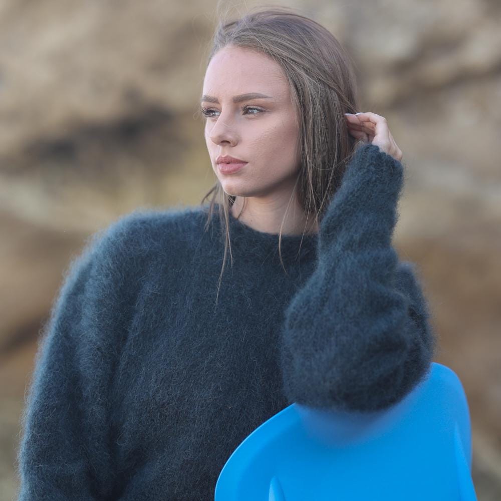 Extra Fluffy Brushed Green Crewneck Sweater, Hand Knitted Mohair Alpaca Blend  T1950