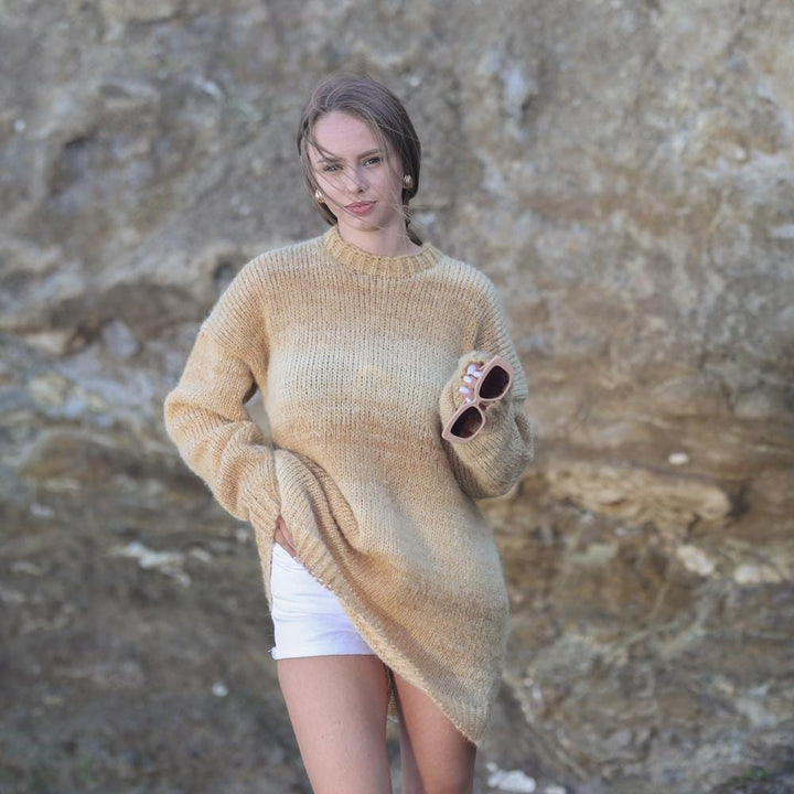 Soft Melange Yellow Mustard Sweater, Hand Knitted Alpaca Mohair Unbrushed Oversized Knit T1952