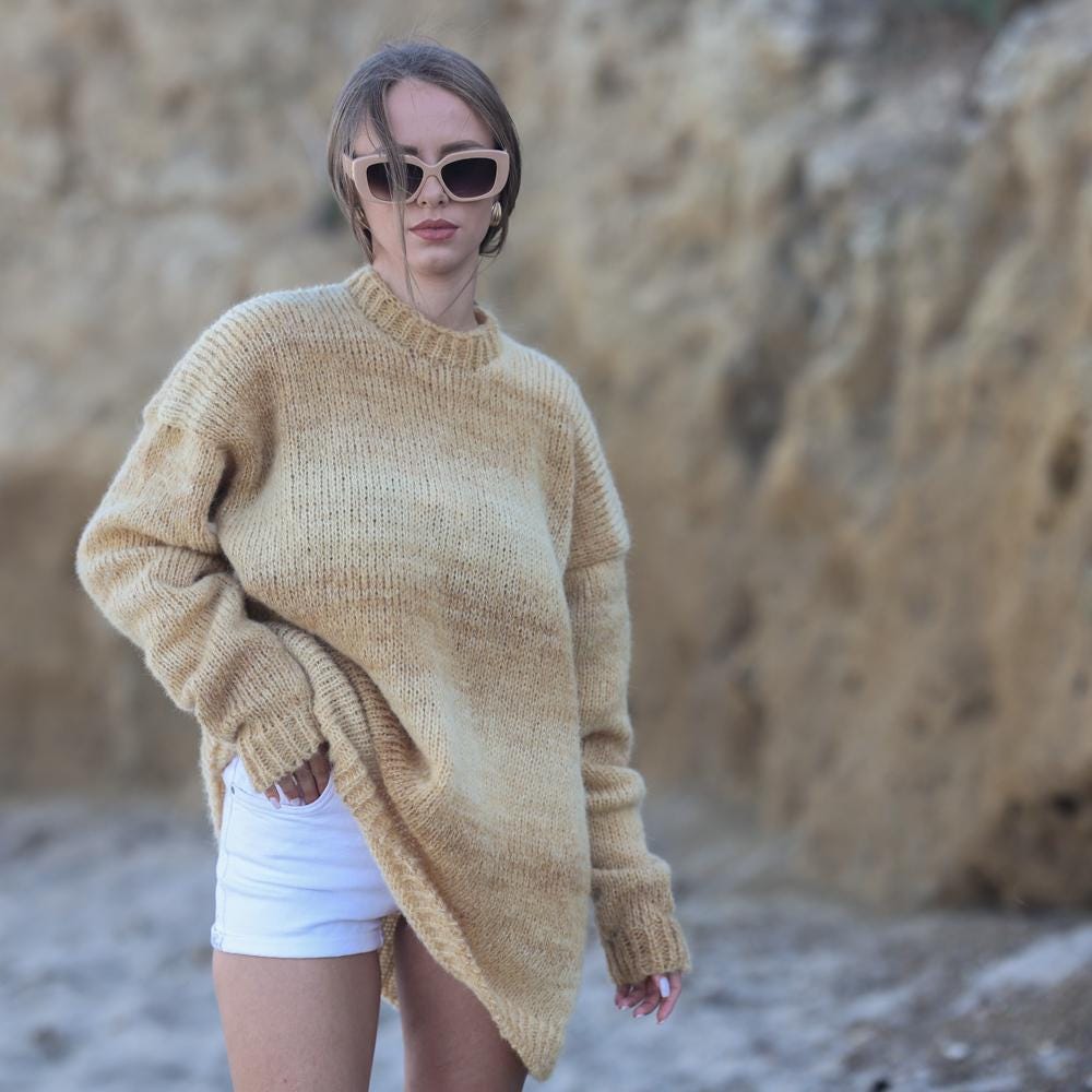 One available in size 5XL, Mustard alpaca and mohair blend crewneck sweater T1952