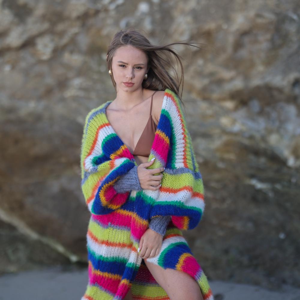 Colorful Striped Alpaca Cardigan – Hand Knitted Fluffy Long Balloon Sleeve Coat T1954