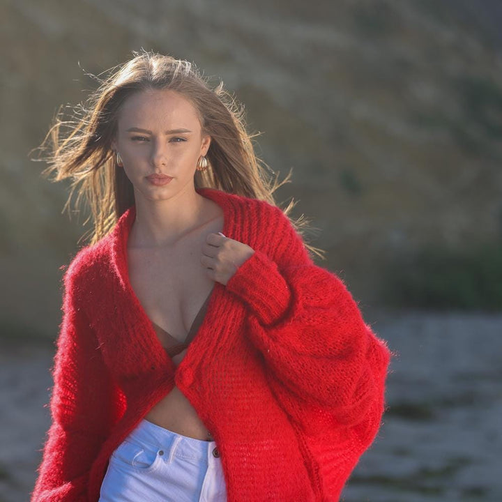 Red Alpaca Wool Cardigan – Hand Knitted Fluffy Balloon Sleeve Maxi Coat T1955