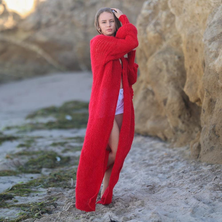 Red Alpaca Wool Cardigan – Hand Knitted Fluffy Balloon Sleeve Maxi Coat T1955