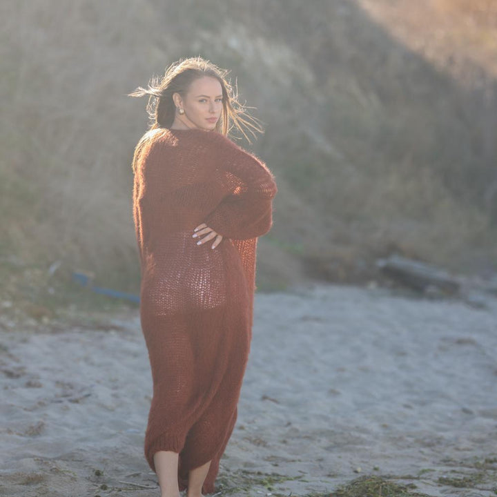 Rust Brown Alpaca Wool Cardigan – Hand Knitted Fluffy Balloon Sleeve Maxi Coat T1956