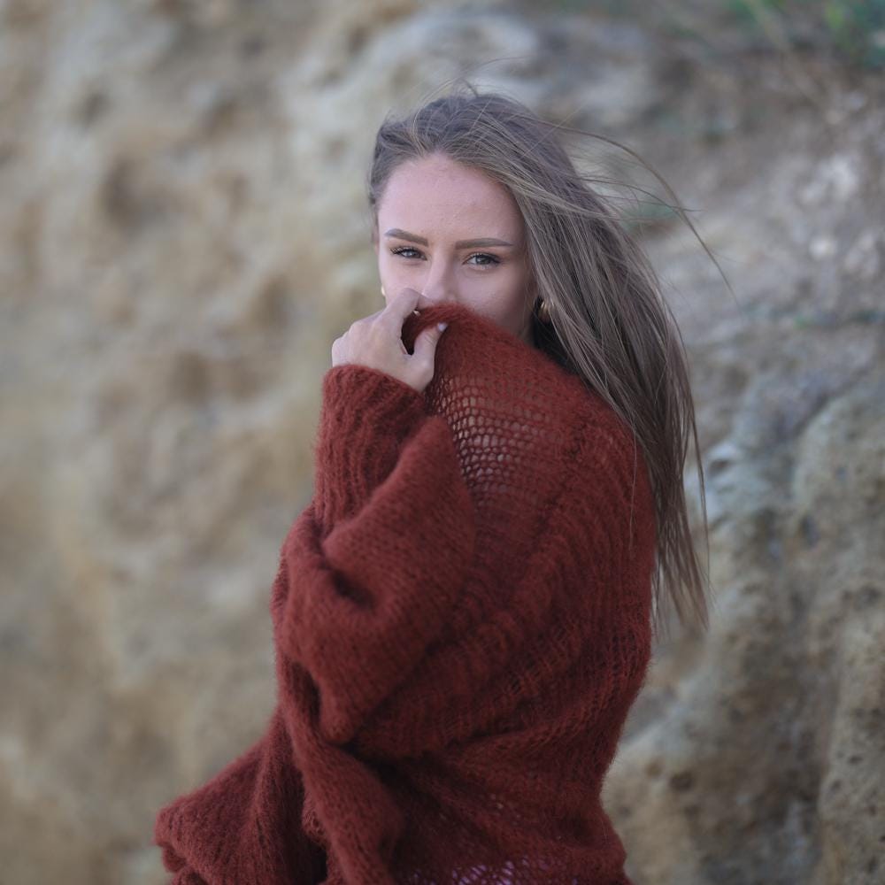 Rust Brown Alpaca Wool Cardigan – Hand Knitted Fluffy Balloon Sleeve Maxi Coat T1956