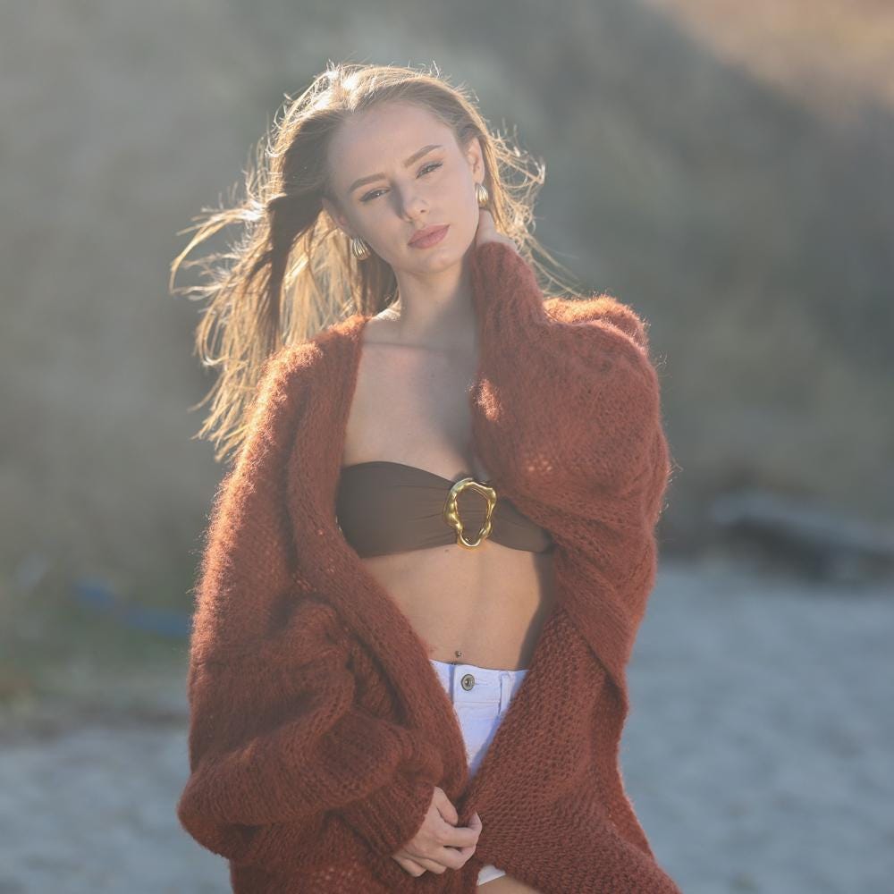 Rust Brown Alpaca Wool Cardigan – Hand Knitted Fluffy Balloon Sleeve Maxi Coat T1956