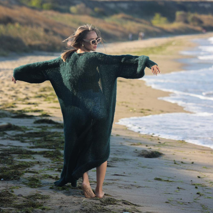 Dark Green Alpaca Wool Cardigan – Hand Knitted Fluffy Balloon Sleeve Maxi Coat T1958