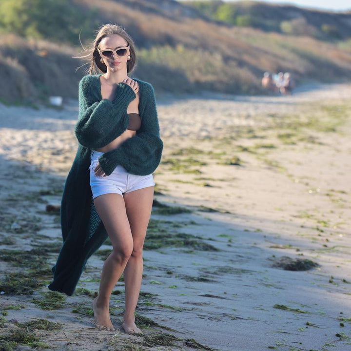 One available in size 6XL, Dark green balloon sleeve cardigan, soft fluffy coat T1958