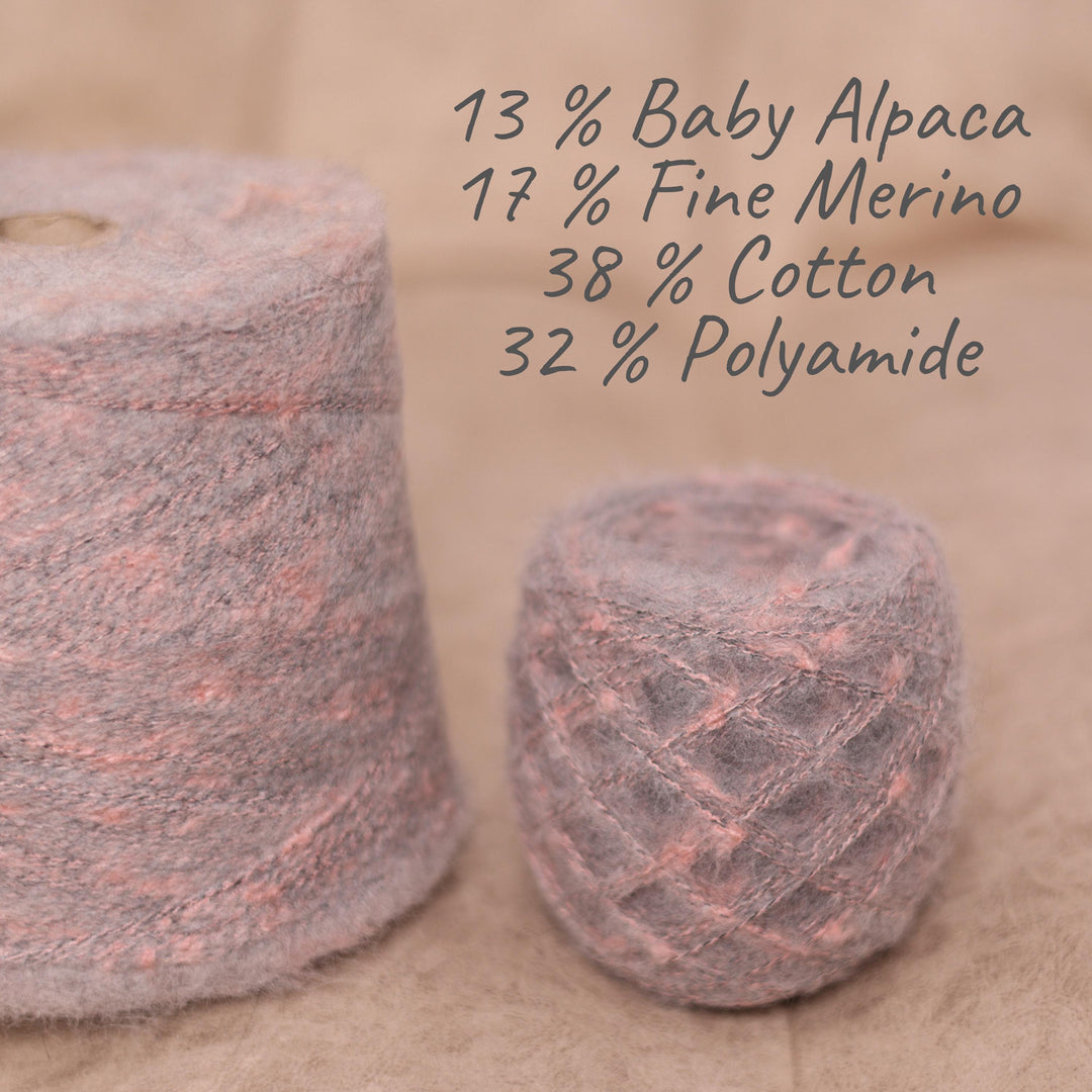 Grey & Pink Bouclé Tweed Yarn: Italian Alpaca, Merino, Cotton Blend