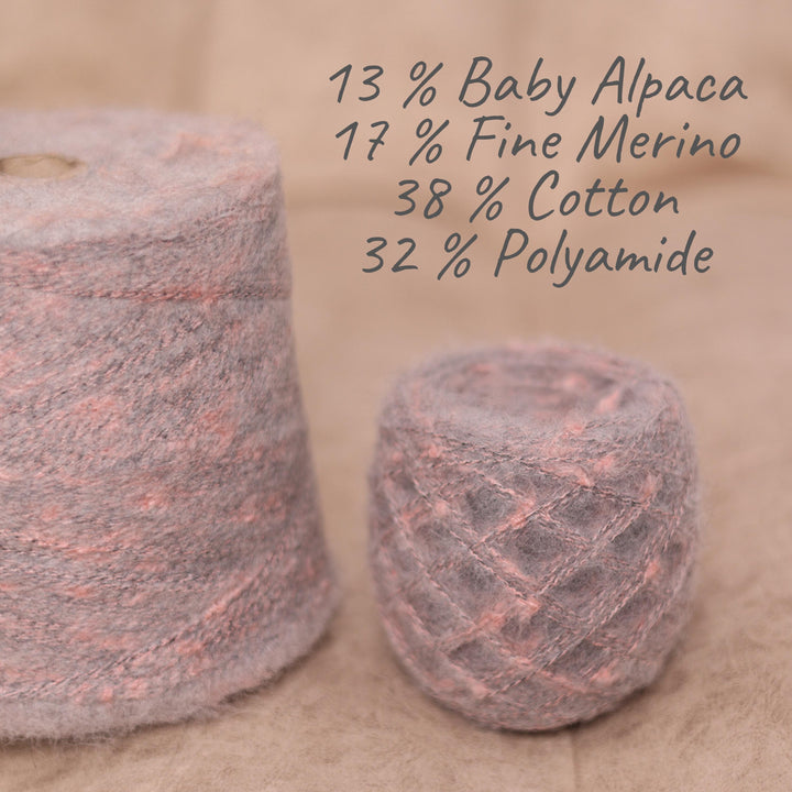 Grey & Pink Bouclé Tweed Yarn: Italian Alpaca, Merino, Cotton Blend