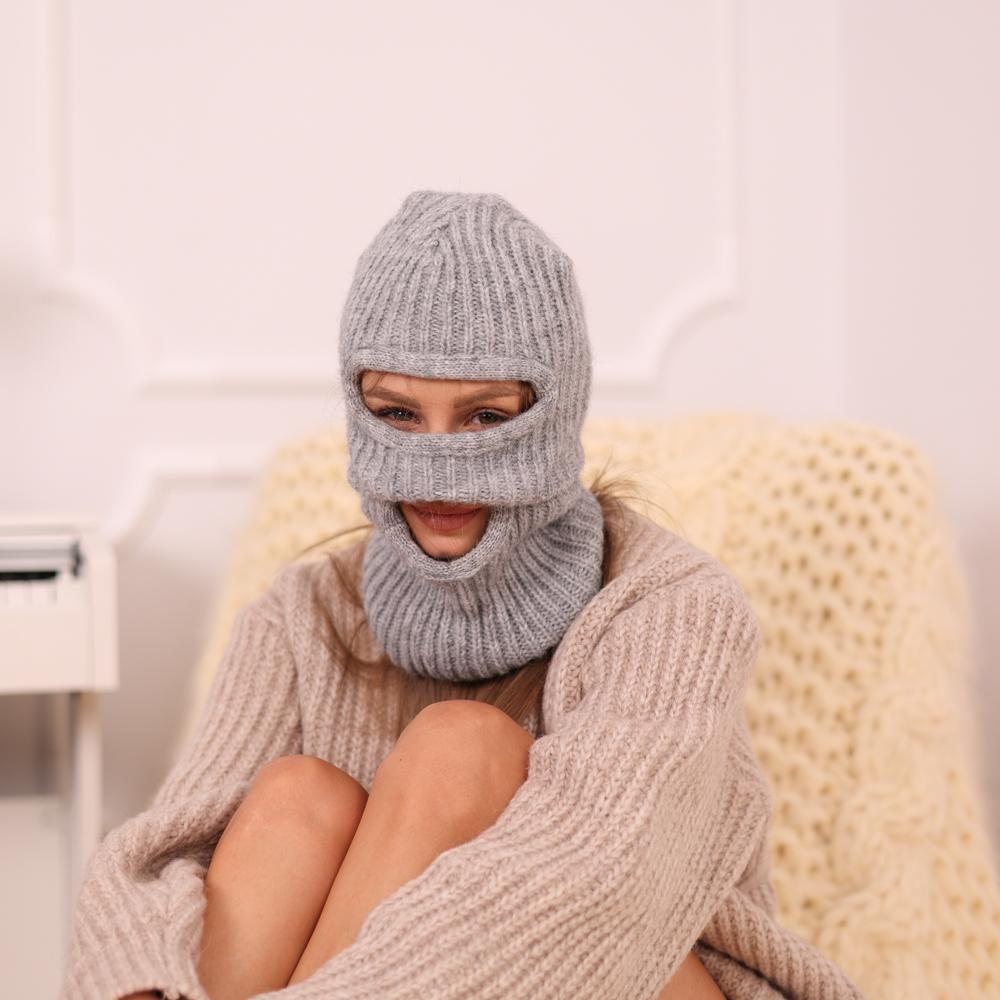 Alpaca Merino Balaclava – Hand Knitted Grey Ribbed Ski Mask T1962