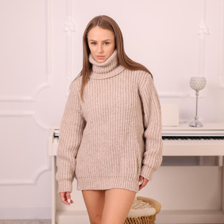 Beige Alpaca Wool Sweater, Hand Knitted English Rib Turtleneck Pullover  T1973