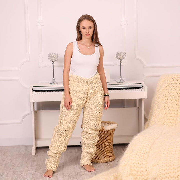 Itchy Wool Pants, Hand Knitted 5 Strands Natural Wool Cable Knit Trousers T1984