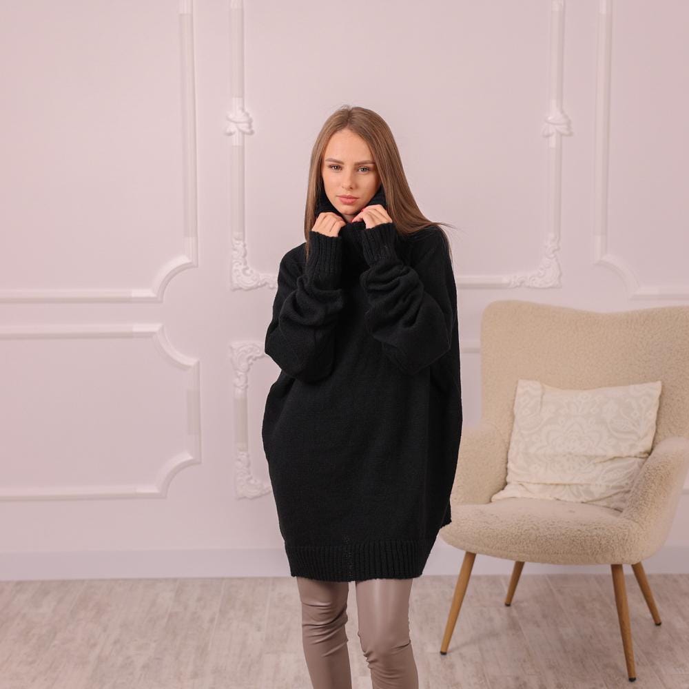 Black Cashmere Sweater with 100 cm Turtleneck, Hand Knitted Soft Pullover T1991