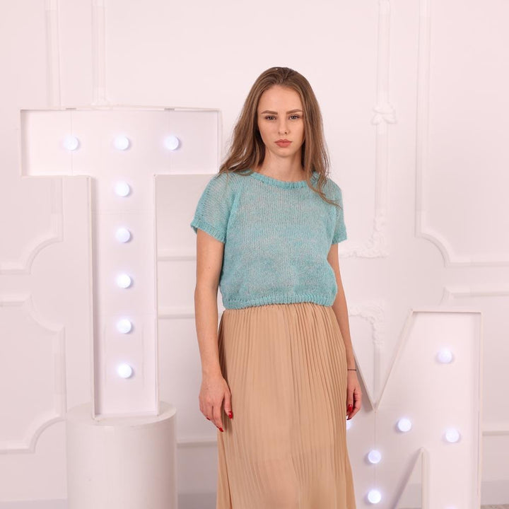 Light Blue Alpaca Merino Cropped Sweater, Hand-Knitted Short Sleeve Sheer Soft Pullover T2014