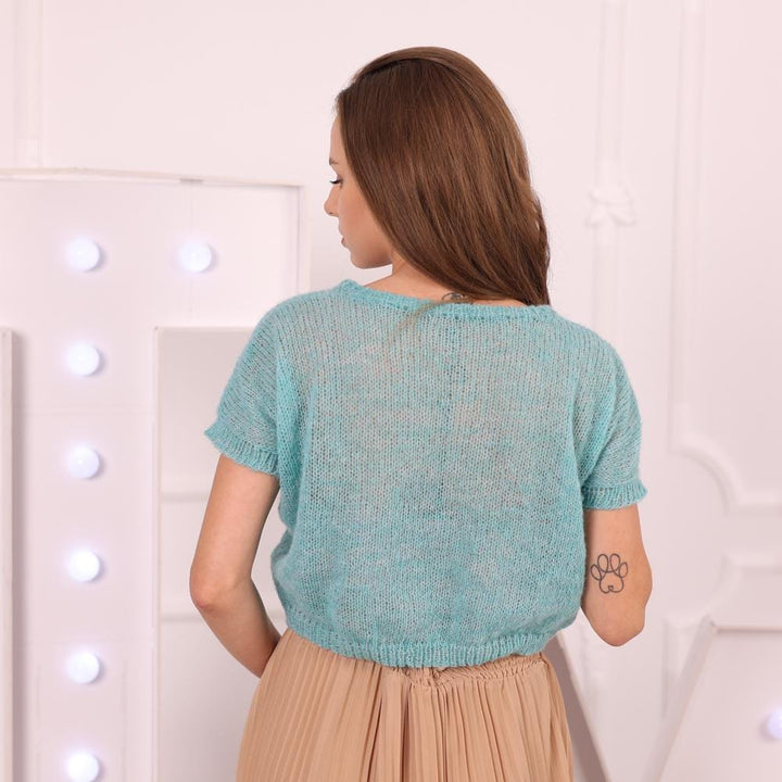 Light Blue Alpaca Merino Cropped Sweater, Hand-Knitted Short Sleeve Sheer Soft Pullover T2014