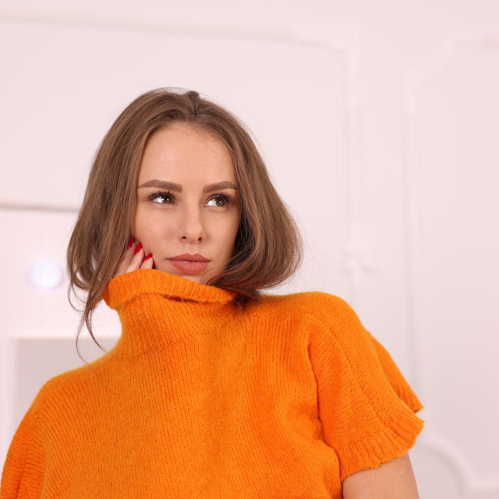 Orange Alpaca Turtleneck Sweater, Hand-Knitted Short Sleeve Lightweight Pullover T2015