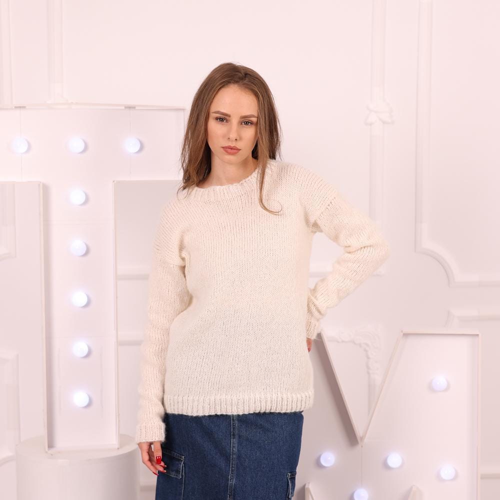Hand Knitted Cream Suri Alpaca Sweater, Lightweight Pullover T2017