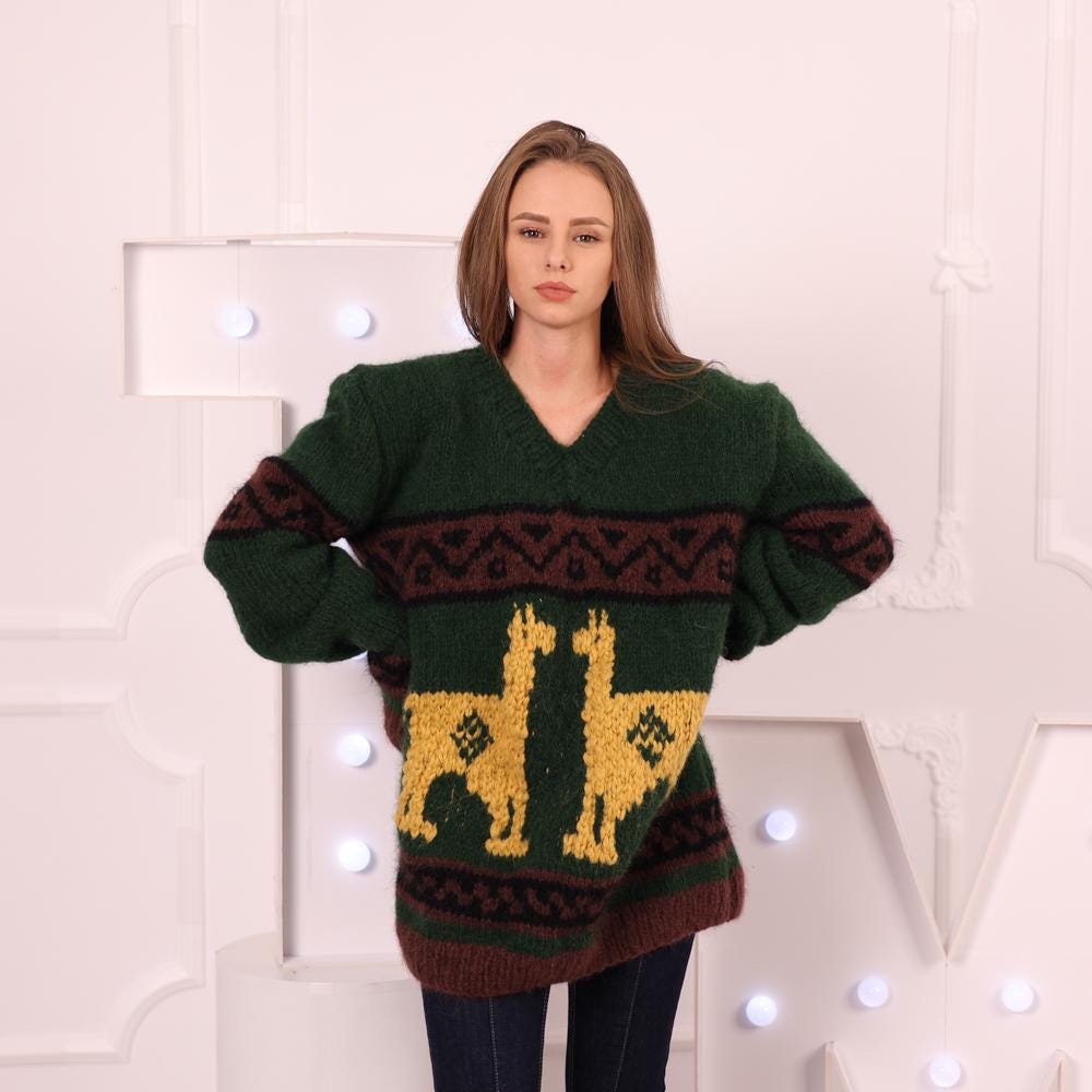 Alpaca Wool Sweater with Alpaca Motif, Hand Knitted Green Peruvian Style Pullover T2022