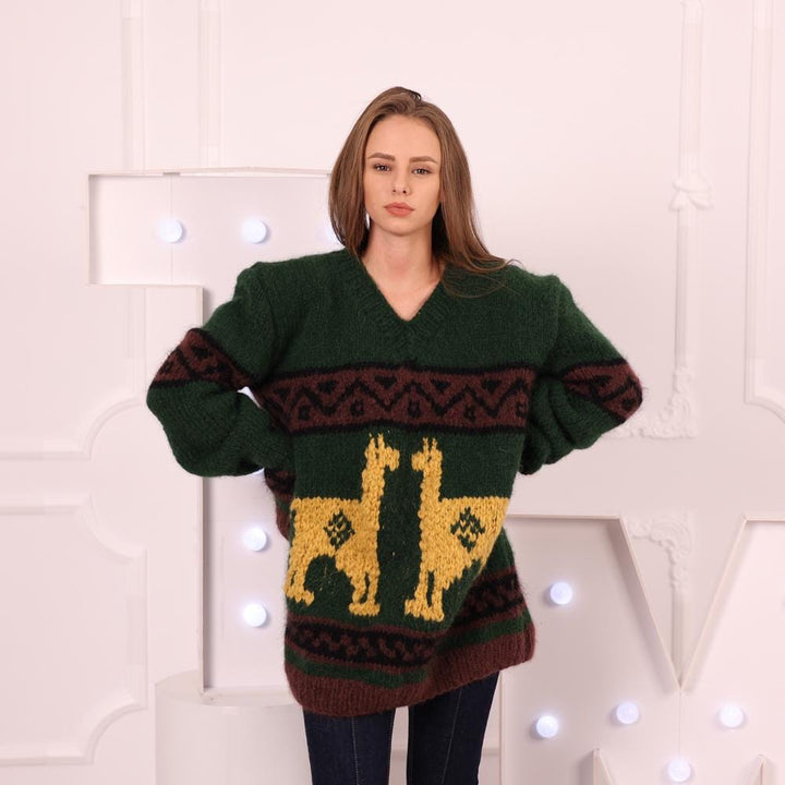 Alpaca Wool Sweater with Alpaca Motif, Hand Knitted Green Peruvian Style Pullover T2022