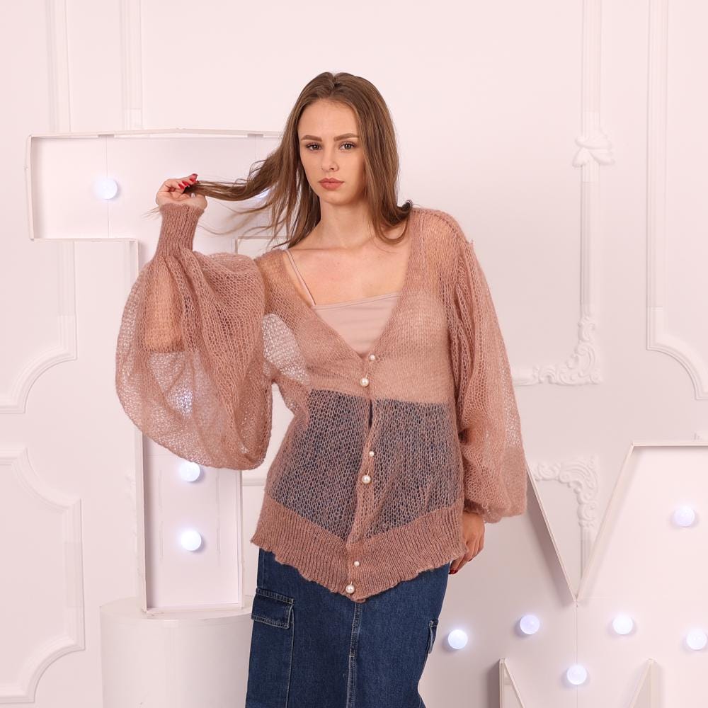 One available in size 4XL, Lightweight Alpaca Cardigan, Transparent Knit Top  T2030