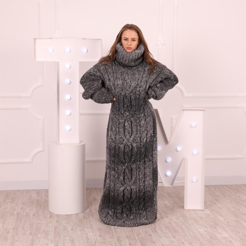 Gray Melange Alpaca Dress, Hand Knitted 7 Strand Dress with 50 cm Turtleneck T2033