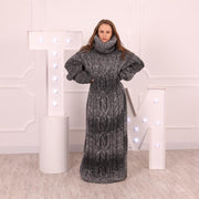 Graues Melange Alpaka-Kleid, handgestricktes 7-fädiges Kleid mit 50 cm Rollkragen T2033
