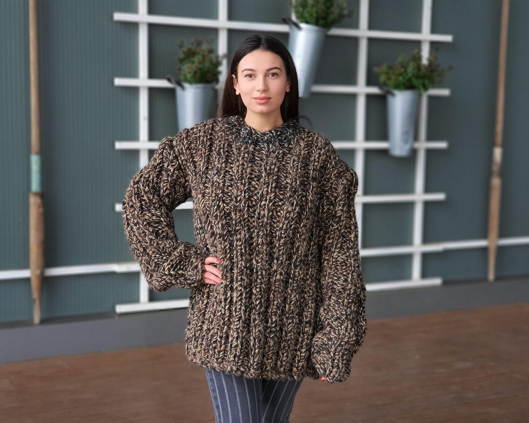 Extra Chunky Ribbed Jumper – Hand-Knitted Alpaca and Lambswool Mélange Pullover T932