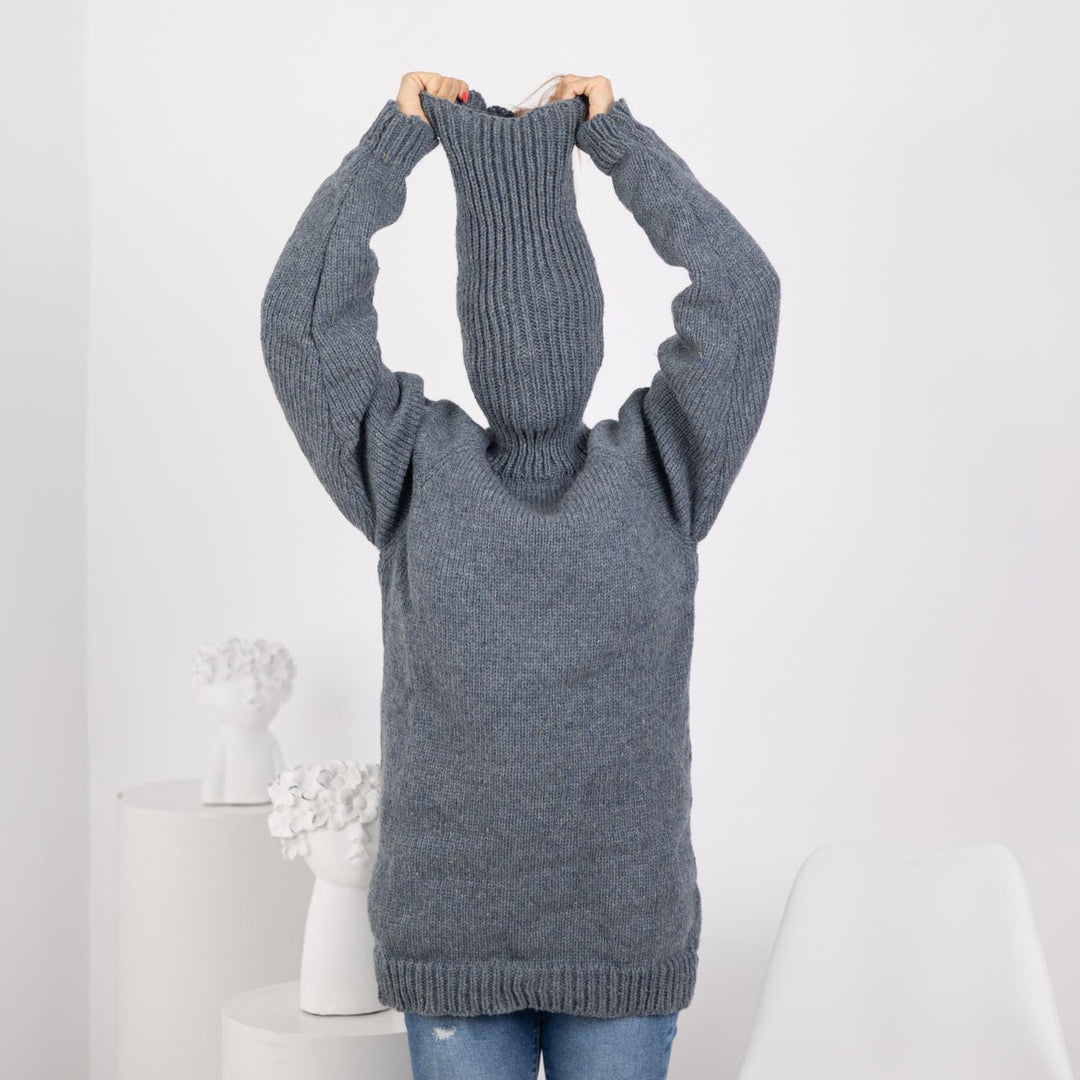 Wool Sweater Denim Blue Turtleneck 50 cm, Hand Knitted Itchy 100% Wool Pullover T1744