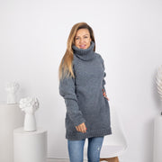 Pull en laine bleu denim col roulé 50 cm, tricoté main 100 % laine qui gratte T1744