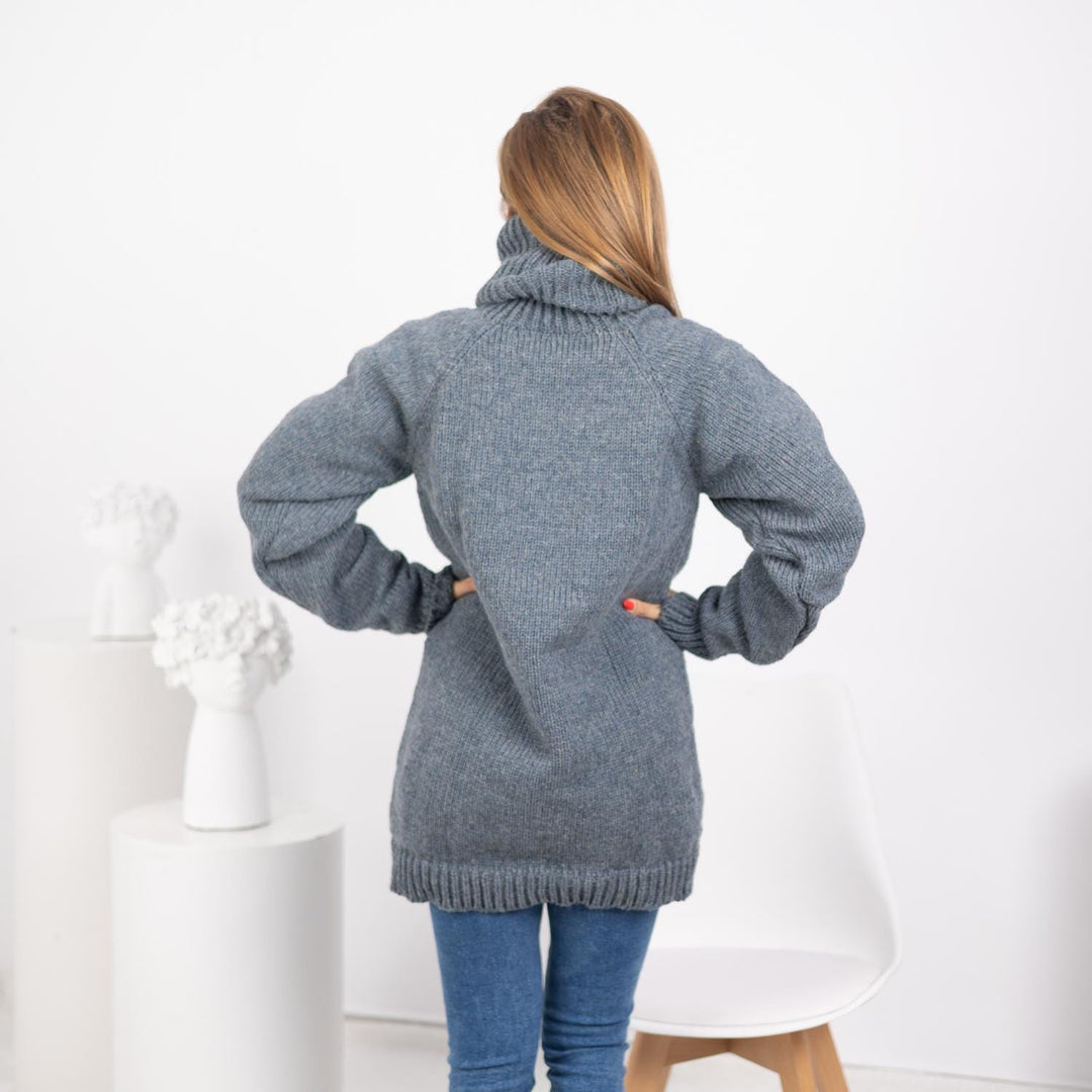 Wool Sweater Denim Blue Turtleneck 50 cm, Hand Knitted Itchy 100% Wool Pullover T1744
