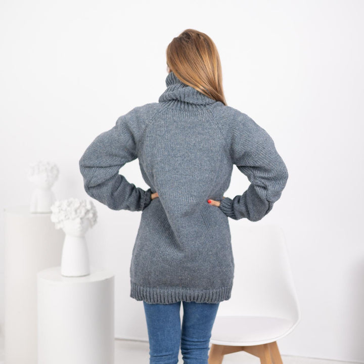 Wool Sweater Denim Blue Turtleneck 50 cm, Hand Knitted Itchy 100% Wool Pullover T1744