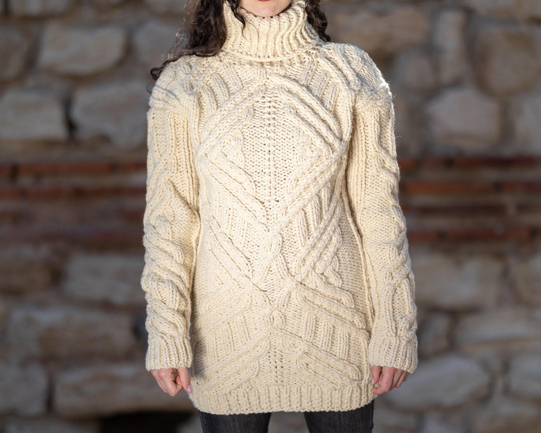 Wool Sweater Cable Knit, Hand Knitted 100% Wool Rustic Itchy Pullover T1416