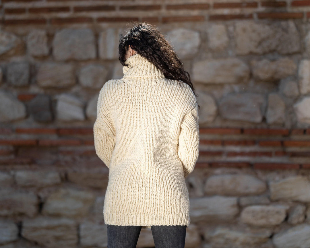 Wool Sweater Cable Knit, Hand Knitted 100% Wool Itchy Rustic Pullover T1417
