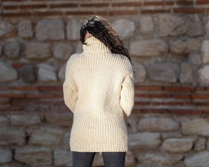 Wool Sweater Cable Knit, Hand Knitted 100% Wool Itchy Rustic Pullover T1417