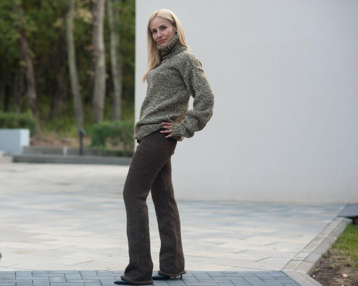 Wool Sweater Brown Melange Itchy Knit, Hand Knitted 100% Raw Wool Unisex Pullover T826W